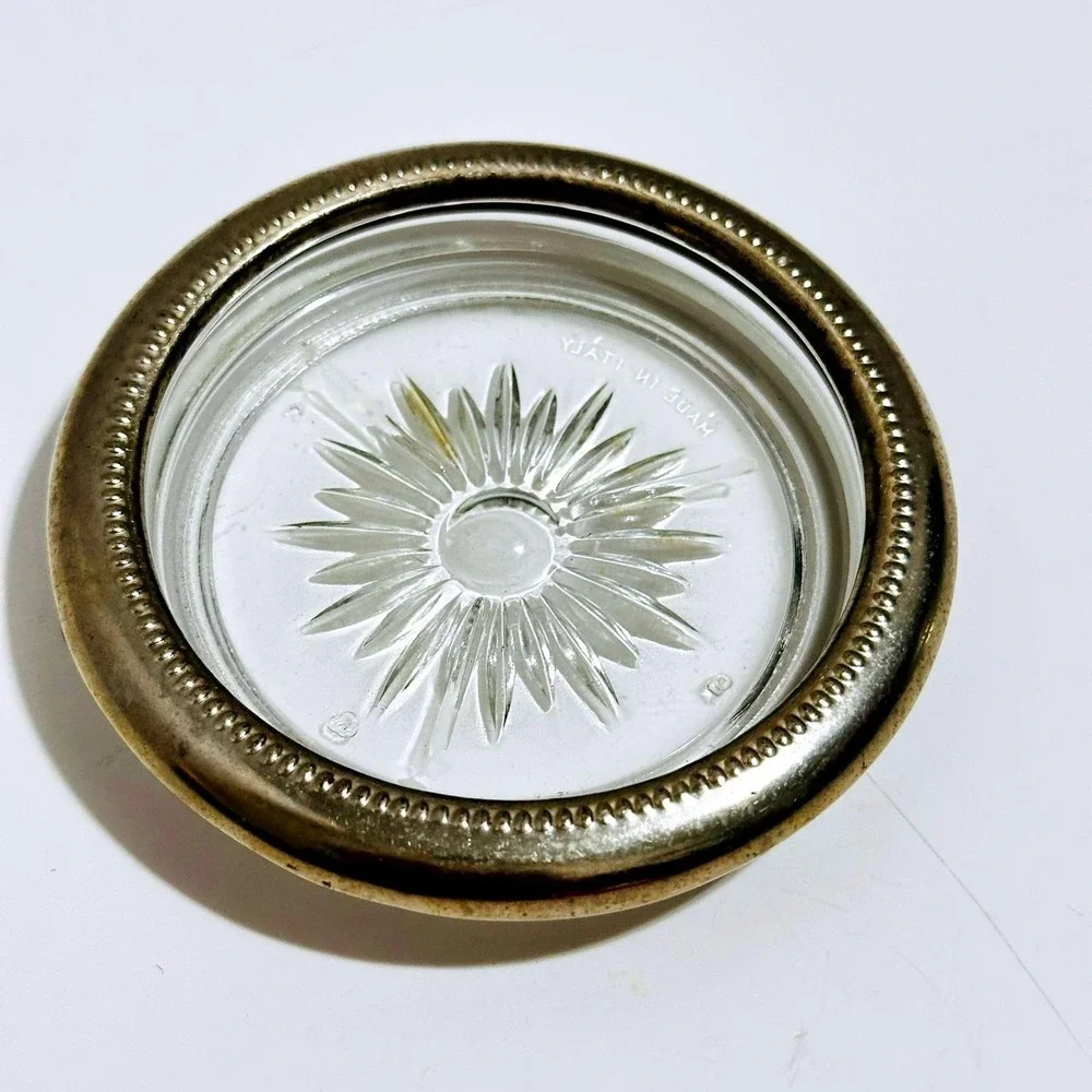 Vintage‎ Made in Italy Glass Coasters Set 2 Silver Beaded Rim Sunburst Starburst